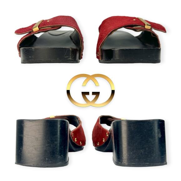GUCCI | 5.5 | Red Ponyhair Gold Buckle Studded Wood Block Heel Slide Sandals - Picture 7 of 12